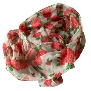 Women's Lightweight White Scarf with Pink Roses and Flowers and Fringe